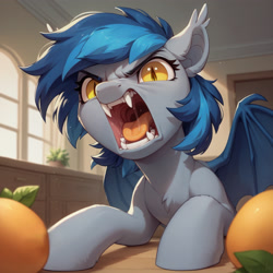 Size: 3200x3200 | Tagged: safe, imported from derpibooru, oc, oc only, oc:echo, bat pony, ai content, ai generated, fangs, food, generator:autismmix pony, indoors, mango, maw, mawshot, open mouth, prompter:derp621, salivating, slit pupils, solo