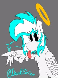 Size: 1200x1600 | Tagged: safe, artist:david_bal'air, imported from derpibooru, oc, oc:known pony, pegasus, angel, chest fluff, halo, pointing, spread wings, tongue out, wings