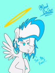 Size: 1200x1600 | Tagged: safe, artist:david_bal'air, imported from derpibooru, oc, oc:known pony, pegasus, angel, duckface, eyebrows, halo, raised eyebrow, spread wings, wings