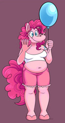 Size: 828x1571 | Tagged: safe, artist:beastofeuthanasia, imported from derpibooru, pinkie pie, anthro, earth pony, unguligrade anthro, balloon, breasts, busty pinkie pie, chubby, clothes, female, shirt, shorts, simple background, smiling, solo, transparent background, waving