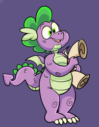 Size: 827x1066 | Tagged: safe, artist:beastofeuthanasia, imported from derpibooru, spike, dragon, fangs, male, open mouth, open smile, purple background, scroll, simple background, smiling, solo, winged spike, wings