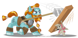 Size: 1276x626 | Tagged: safe, artist:aleximusprime, imported from derpibooru, rockhoof, pony, timburr, commission, duo, male, motion lines, mouth hold, plank, pokémon, raised hoof, rockhoof's shovel, shovel, simple background, sparring, stallion, transparent background, wood