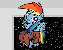 Size: 2048x1614 | Tagged: safe, artist:ewoudcponies, imported from derpibooru, rainbow dash, pegasus, pony, clothes, flying, looking at you, smiling, smiling at you, solo, space, spaceship, spread wings, uniform, wings