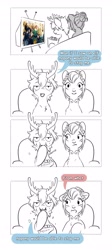 Size: 1840x4096 | Tagged: safe, artist:opalacorn, imported from derpibooru, oc, oc only, oc:frost bite, oc:void, deer, deer pony, hybrid, original species, pegasus, pony, comic, dialogue, duo, duo male and female, eating, elf (movie), female, food, grayscale, hair bun, laurel wreath, male, mare, mole, monochrome, nose piercing, nose ring, partial color, piercing, popcorn, simple background, speech bubble, sweat, sweatdrop, television, white background