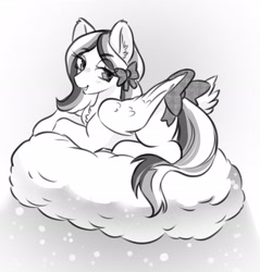 Size: 2400x2506 | Tagged: safe, artist:opalacorn, imported from derpibooru, oc, oc only, oc:frozen fractal, pegasus, pony, black and white, bow, cloud, female, grayscale, hair bow, looking at you, looking back, looking back at you, lying down, lying on a cloud, mare, monochrome, on a cloud, prone, snow, snowfall, solo, tail, tail bow