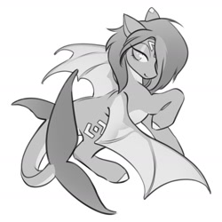 Size: 2400x2400 | Tagged: safe, artist:opalacorn, imported from derpibooru, oc, oc only, oc:raven stargazer, earth pony, original species, black and white, grayscale, hair over one eye, monochrome, simple background, solo, spread wings, white background, wings