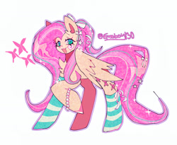 Size: 1763x1448 | Tagged: safe, artist:emoboy130, imported from derpibooru, fluttershy, pegasus, pony, :3, accessory, alternate hairstyle, alternate mane color, alternate tail color, bow, bracelet, clothes, colored hooves, colored pinnae, ear fluff, eyelashes, female, filter, folded wings, hair accessory, hair bow, hairclip, hooves, jewelry, long mane, long socks, long tail, looking at you, mane accessory, mane clip, mare, multicolored mane, multicolored tail, open mouth, open smile, outline, pearl bracelet, pink hooves, pink mane, pink tail, pink text, ponytail, raised hoof, shiny hooves, signature, simple background, smiling, smiling at you, socks, solo, sparkles, sparkly mane, sparkly tail, standing, standing on three hooves, striped mane, striped socks, striped tail, tail, tail accessory, tail clip, teal eyes, three quarter view, tied mane, white background, white bow, wings, yellow coat