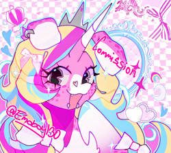 Size: 1987x1775 | Tagged: safe, artist:emoboy130, imported from derpibooru, oc, oc only, oc:minkly twinkly, dog, dog pony, original species, unicorn, bow, bridge piercing, bust, checkered background, coat markings, collage, colored eartips, colored hooves, colored horn, colorful, commission, crescent moon, crown, dog ears, ear markings, ear piercing, earring, eye clipping through hair, eyelashes, facial markings, fairy kei, floating crown, floating heart, gradient legs, gray eyes, hair accessory, hair bow, heart, heart mark, hooves, horn, jewelry, lip piercing, long horn, long mane, mane accessory, mirror, moon, open mouth, open smile, outline, piercing, pink coat, pink text, ponysona, raised hoof, regalia, shiny hooves, shiny mane, signature, smiling, snake bites, snip (coat marking), socks (coat markings), solo, sparkles, star mark, stars, three quarter view, three toned ears, three toned mane, two toned horn, unicorn horn, unicorn oc, white bow