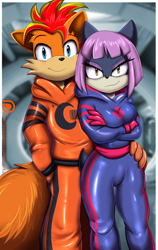 Size: 1999x3160 | Tagged: safe, artist:pridark, imported from derpibooru, oc, oc only, oc:fireheart(fire), oc:nurse lavender blossom, anthro, alternate universe, clothes, couple, cute, fireheart76's latex suit design, furry, gloves, latex, latex gloves, latex suit, mobian, prisoners of the moon, rubber, rubber gloves, rubber suit, sonic the hedgehog (series), sonicified, species swap