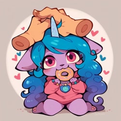 Size: 1024x1024 | Tagged: safe, imported from derpibooru, izzy moonbow, anthro, cat, unicorn, abstract background, ai content, ai generated, blushing, bracelet, catified, chibi, cute, daaaaaaaaaaaw, disembodied hand, donut, female, floating heart, food, front view, g5, generator:pony diffusion v6 xl, generator:stable diffusion, hand, head pat, heart, hnnng, horn, izzy is short, jewelry, kneeling, mouth hold, necklace, nom, pat, prompter:wataondahil, smiling, smol, species swap