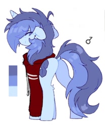 Size: 1013x1221 | Tagged: safe, artist:flixanoa, imported from derpibooru, oc, oc only, oc:fef, unicorn, ahoge, bags under eyes, blue coat, blush lines, blushing, clothes, color palette, demiboy, demiboy symbol, dock, ear fluff, ear piercing, earring, eye clipping through hair, eyebrows, eyebrows visible through hair, eyes closed, floppy ears, fluffy mane, fluffy tail, gauges, hock fluff, hoodie, horn, jewelry, light blue coat, long mane male, long tail, piercing, ponysona, profile, rear view, red hoodie, reference sheet, shaggy mane, shiny mane, shiny tail, simple background, smiling, standing, tail, two toned mane, two toned tail, unicorn oc, white background