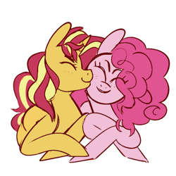 Size: 600x600 | Tagged: safe, artist:lapis, color edit, edit, imported from derpibooru, pinkie pie, sunset shimmer, cheek kiss, colored, cute, female, kissing, lesbian, shipping, sunsetpie