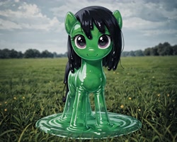 Size: 3200x2560 | Tagged: safe, imported from derpibooru, prompter:darbarri, oc, oc:filly anon, goo, goo pony, original species, ai content, ai generated, black mane, black tail, day, detailed background, female, filly, grass, looking at you, purple eyes, slime, smiling, smiling at you, solo, tail