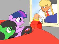 Size: 1127x856 | Tagged: safe, imported from derpibooru, twilight sparkle, oc, oc:filly anon, human, pony, car, donald trump, female, filly, happy meal, mcdonald's, politics