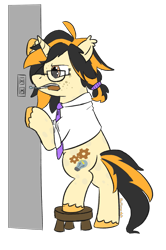 Size: 1315x1978 | Tagged: safe, artist:_butterscotch, imported from derpibooru, oc, oc only, oc:gear sparks, pony, unicorn, clothes, female, freckles, horn, mane tie, mechanic, necktie, outlet, screwdriver, shirt, solo, stool, unshorn fetlocks