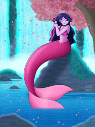 Size: 1620x2160 | Tagged: safe, artist:mermaidnerin, imported from derpibooru, twilight sparkle, mermaid, equestria girls, bra, clothes, commission, mermaidized, seashell, seashell bra, solo, species swap, underwear, water, waterfall, ych result