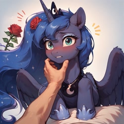 Size: 1024x1024 | Tagged: safe, imported from derpibooru, princess luna, alicorn, human, pony, ai content, ai generated, blushing, cute, duo, duo male and female, female, flower, generator:pony diffusion v6 xl, generator:stable diffusion, looking at you, lunabetes, male, mare, nervous, offscreen character, prompter:not lawrence, rose