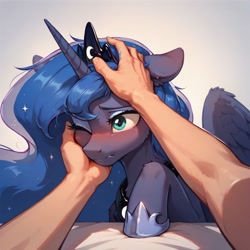 Size: 1024x1024 | Tagged: safe, imported from derpibooru, princess luna, alicorn, human, pony, ai content, ai generated, blushing, cute, duo, duo male and female, female, generator:pony diffusion v6 xl, generator:stable diffusion, lunabetes, male, mare, nervous, offscreen character, one eye closed, petting, prompter:not lawrence