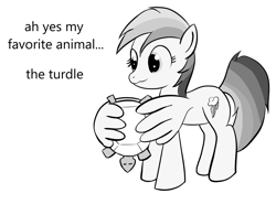 Size: 1205x892 | Tagged: safe, artist:anonymous, imported from derpibooru, rainbow dash, pegasus, pony, tortoise, turtle, drawthread, female, grayscale, mare, mispronunciation, monochrome, ponified manga, requested art, simple background, solo, white background, wing hold, wings