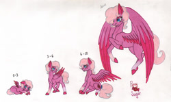 Size: 1505x897 | Tagged: safe, artist:tazzy-girl, imported from derpibooru, oc, oc only, oc:rosy sugar, pegasus, pony, age progression, baby, baby pony, female, filly, foal, older, solo, traditional art