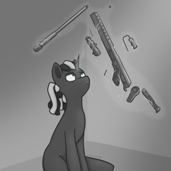 Size: 1000x1000 | Tagged: safe, artist:chgnk3r, imported from derpibooru, oc, oc only, oc:tungsten shell, pony, unicorn, glowing, glowing horn, grayscale, green eyes, gun, horn, magic, magic aura, male, military, monochrome, ponies with guns, sitting, solo, stallion, telekinesis, weapon