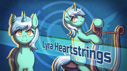 Size: 1920x1080 | Tagged: safe, artist:bkiltersot, imported from derpibooru, lyra heartstrings, pony, unicorn, danganronpa, female, front view, horn, lyre, mare, musical instrument, smiling, solo, text