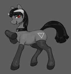 Size: 907x941 | Tagged: safe, artist:hadmyway, imported from derpibooru, oc, oc only, oc:phalia, demon, demon pony, original species, bedroom eyes, black mane, choker, clothes, demon horns, female, gray background, gray coat, hoof on chest, horns, looking at you, mare, open mouth, open smile, red eyes, simple background, smiling, socks, solo, stockings, thigh highs