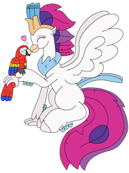 Size: 1976x2649 | Tagged: safe, artist:supahdonarudo, imported from derpibooru, queen novo, bird, classical hippogriff, hippogriff, macaw, parrot, scarlet macaw, my little pony: the movie, cute, heart, novobetes, nuzzling, simple background, sitting, transparent background