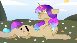 Size: 750x421 | Tagged: safe, artist:selcix, imported from derpibooru, oc, oc:selena moon, unicorn, cloud, day, female, floppy ears, flower, flower field, hill, horn, looking back, lying down, mare, solo, sun, unicorn oc