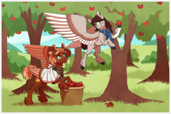 Size: 2100x1400 | Tagged: safe, artist:inuhoshi-to-darkpen, imported from derpibooru, oc, oc:golden flare, oc:mellow mare, pegasus, pony, apple, apple picking, apple tree, bandage, broken bone, broken wing, cast, clothes, colored hooves, colored wings, commission, female, food, freckles, friends, hooves, injured, male, nonbinary, pegasus oc, ponified, scarf, short tail, sling, species swap, stallion, tail, tree, unshorn fetlocks, wings