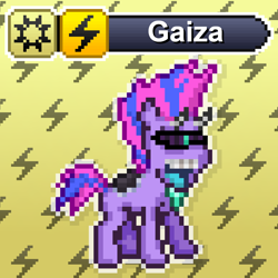 Size: 1024x1024 | Tagged: safe, artist:yotesmark, imported from derpibooru, cyclops pony, oc, oc only, oc:gaiza, cyclops, earth pony, original species, pony, battle gem ponies, crossover, cyberpunk, digital art, eye beams, gem, goggles, horns, pixel art, pokémon, ponymon, punk, purple mane, smiling, text, video game