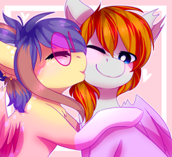 Size: 4000x3650 | Tagged: safe, artist:amiicommissions, imported from derpibooru, oc, oc only, oc:cookie, oc:heartfire, pegasus, pony, digital art, duo, female, glasses, kissing, male, mare, stallion