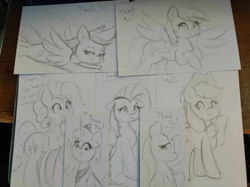 Size: 791x593 | Tagged: safe, artist:taurson, imported from derpibooru, applejack, derpy hooves, fluttershy, pinkie pie, princess luna, alicorn, earth pony, pegasus, pony, female, flying, grayscale, grin, mare, monochrome, pencil drawing, smiling, spread wings, traditional art, wings