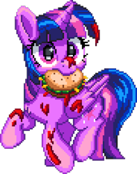 Size: 920x1170 | Tagged: safe, artist:dragonm97, artist:pabbley, imported from derpibooru, twilight sparkle, alicorn, pony, burger, cute, digital art, female, food, hay burger, looking at you, manepxls, mare, messy, messy eating, mouth hold, nom, pixel art, pxls.space, raised hoof, simple background, solo, that pony sure does love burgers, transparent background, twiabetes, twilight burgkle, twilight sparkle (alicorn)