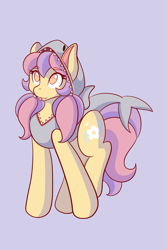 Size: 1365x2048 | Tagged: safe, artist:mscolorsplash, imported from derpibooru, oc, oc only, oc:daisy wave, earth pony, pony, animal costume, clothes, costume, eyebrows, eyebrows visible through hair, female, mare, no pupils, pigtails, purple background, shark costume, simple background, solo, tongue out