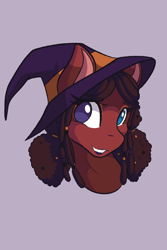 Size: 1200x1800 | Tagged: safe, artist:mscolorsplash, imported from derpibooru, oc, oc only, earth pony, pony, afro puffs, bust, dreadlocks, female, grin, hat, heterochromia, mare, purple background, simple background, smiling, solo, witch hat