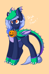 Size: 1365x2048 | Tagged: safe, artist:mscolorsplash, imported from derpibooru, oc, oc only, earth pony, pegasus, candy, clothes, costume, dragon costume, eye clipping through hair, eyebrows, eyebrows visible through hair, female, food, halloween, holiday, mare, mouth hold, nightmare night costume, no pupils, orange background, pumpkin bucket, simple background, smiling, solo, trick or treat