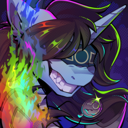 Size: 1000x1000 | Tagged: safe, artist:breloomsgarden, imported from derpibooru, oc, oc only, oc:shifty sights, unicorn, fanfic:iron hearts, amulet, blind, blindfold, bust, chaos, commissioner:sfaccountant, cultist, fire, grin, horn, jewelry, mage, magic, portrait, smiling, tzeentch, unicorn oc, warhammer (game), warhammer 40k