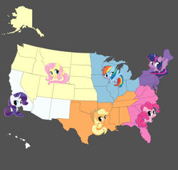 Size: 2859x2732 | Tagged: safe, artist:kmwolf, edit, imported from derpibooru, applejack, fluttershy, pinkie pie, rainbow dash, rarity, twilight sparkle, mane six, map, ponies as regions, united states