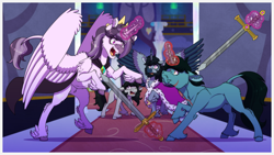 Size: 2200x1240 | Tagged: safe, artist:inuhoshi-to-darkpen, imported from derpibooru, oc, oc only, oc:bean, oc:boomer, oc:lactis, oc:spitzer, alicorn, unicorn, castle, female, fight, horn, male, sword, weapon