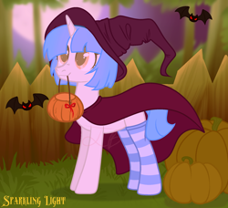 Size: 1800x1640 | Tagged: safe, artist:yeetmedownthestairs, imported from derpibooru, oc, oc only, oc:bright color, bat, pony, unicorn, clothes, commission, female, full moon, halloween, hat, holiday, horn, mare, moon, mouth hold, night, pumpkin, pumpkin bucket, socks, solo, striped socks, tree, witch, witch costume, witch hat, ych result