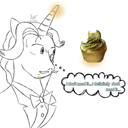 Size: 1280x1280 | Tagged: safe, artist:fancytreats, imported from derpibooru, fancypants, unicorn, crumbs, crumbs around mouth, cupcake, digital art, eyebrows, food, glowing, glowing horn, horn, pickle, pickle cupcake, raised brow, signature, simple background, sweat, sweatdrop, text, thought bubble, white background