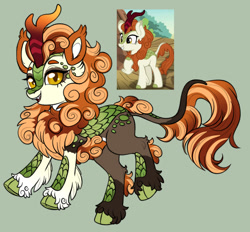 Size: 1280x1188 | Tagged: safe, artist:malinraf1615, imported from derpibooru, autumn blaze, kirin, cloven hooves, coat markings, colored ears, colored hooves, colored pinnae, cute, cute little fangs, ear tufts, fangs, female, gradient horn, gradient mane, gradient tail, green background, hooves, horn, leg fluff, leonine tail, looking at you, open mouth, open smile, redesign, screencap reference, simple background, smiling, socks (coat markings), solo, tail, unshorn fetlocks