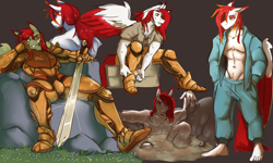 Size: 2500x1500 | Tagged: safe, artist:pixxpal, imported from derpibooru, oc, oc:siren, anthro, pegasus, armor, bath, clothes, gift art, long hair, male, sketch, spread wings, sword, weapon, wings