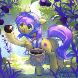 Size: 2048x2048 | Tagged: safe, artist:tingsan, imported from derpibooru, oc, oc only, oc:plum blossoms, earth pony, pony, basket, bow, countryside, cute, ears, ears up, earth pony oc, farmer, female, green eyes, hair bow, happy, high res, mare, neck bow, plum, purple mane, solo, tree