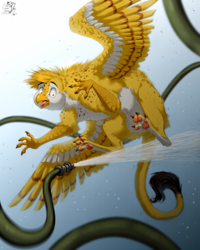 Size: 3600x4500 | Tagged: safe, artist:yukiwhitedeath26, derpibooru exclusive, imported from derpibooru, oc, oc only, oc:beaky, griffon, fanfic:yellow feathers, absurd resolution, aquaphobia, griffon oc, high res, hose, panic, paw pads, paws, simple background