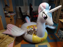 Size: 2000x1500 | Tagged: safe, artist:lorax xyz, artist:loraxxyz, imported from derpibooru, princess celestia, alicorn, inflatable pony, pony, carpet, celestia plushie, chair, computer desk, desk, floaty, horseplaytoys, indoors, inflatable, inflatable alicorn, inflatable float, irl, office chair, photo, plushie, pool toy