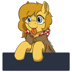 Size: 1920x1920 | Tagged: safe, artist:_butterscotch, imported from derpibooru, oc, oc only, oc:butterscotch, earth pony, pony, button, cloak, clothes, female, mlem, raspberry, shading, silly, simple background, tongue out