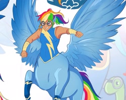 Size: 2048x1623 | Tagged: safe, artist:inkrred, imported from derpibooru, rainbow dash, tank, centaur, human, tortoise, centaurdash, centaurified, clothes, eared humanization, female, goggles, gritted teeth, humanized, mare, pegataur, rearing, solo, species swap, spread wings, tan skin, teeth, uniform, wings, wonderbolts uniform, zoom layer