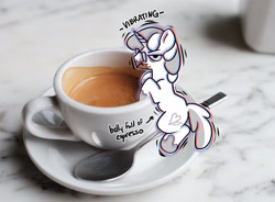 Size: 3477x2562 | Tagged: safe, artist:opalacorn, imported from derpibooru, oc, oc only, pony, unicorn, animated, coffee, coffee cup, cup, espresso, glasses, horn, irl, male, micro, photo, ponies in real life, solo, spoon, stallion, tiny, tiny ponies, vibrating